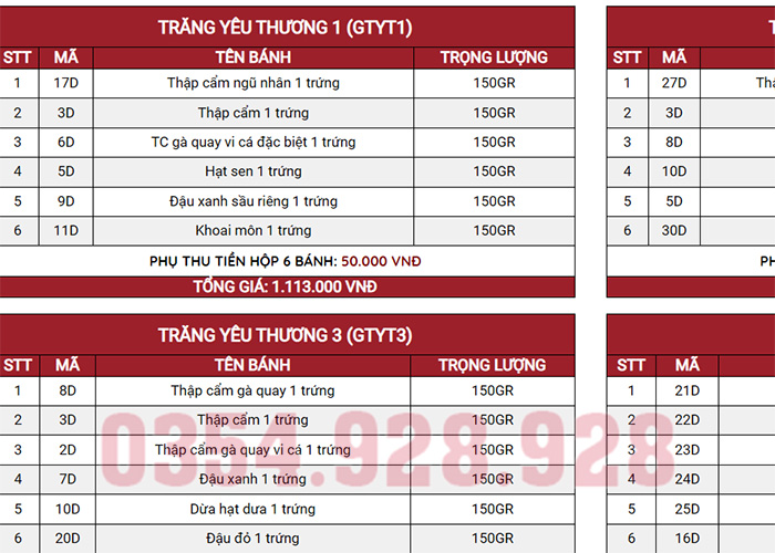 Bảng giá combo bánh trung thu Givral 2024