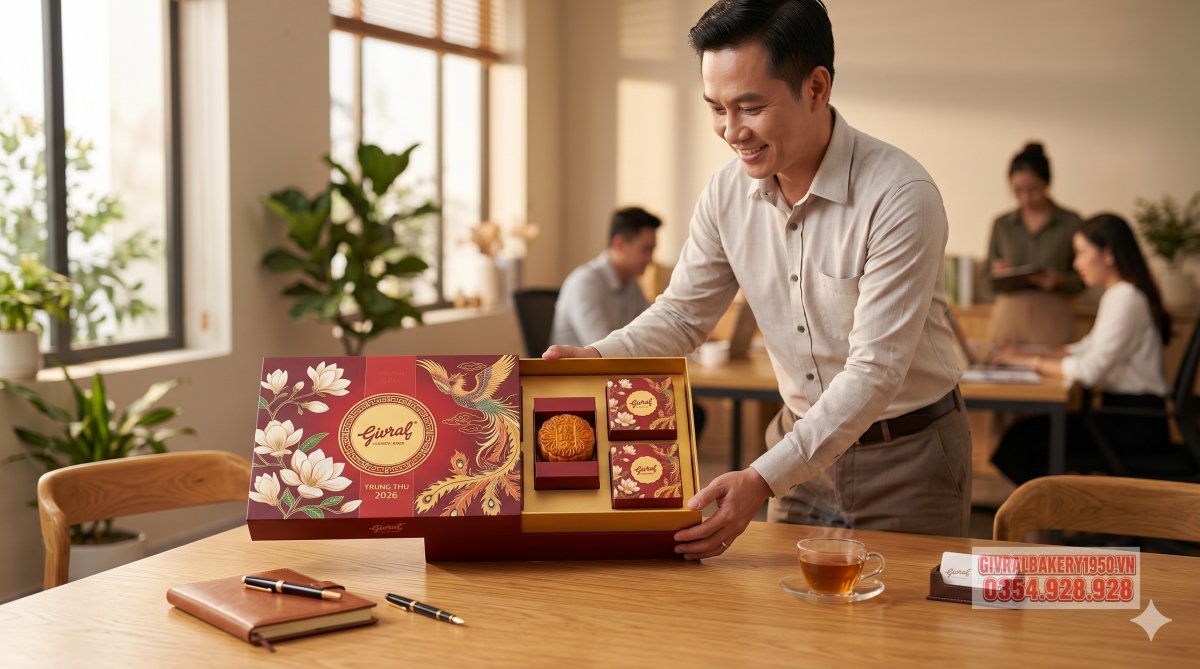 Hộp bánh trung thu Givral 2026 sang trọng đặt trên bàn gỗ, ánh sáng ấm, phù hợp làm quà tặng doanh nghiệp