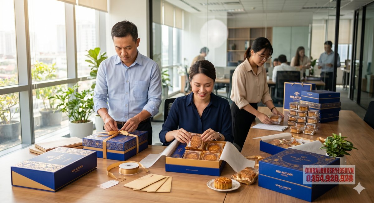  Nhân viên đang chuẩn bị các hộp bánh trung thu Givral cho đơn hàng doanh nghiệp, không gian gọn gàng và chuyên nghiệp