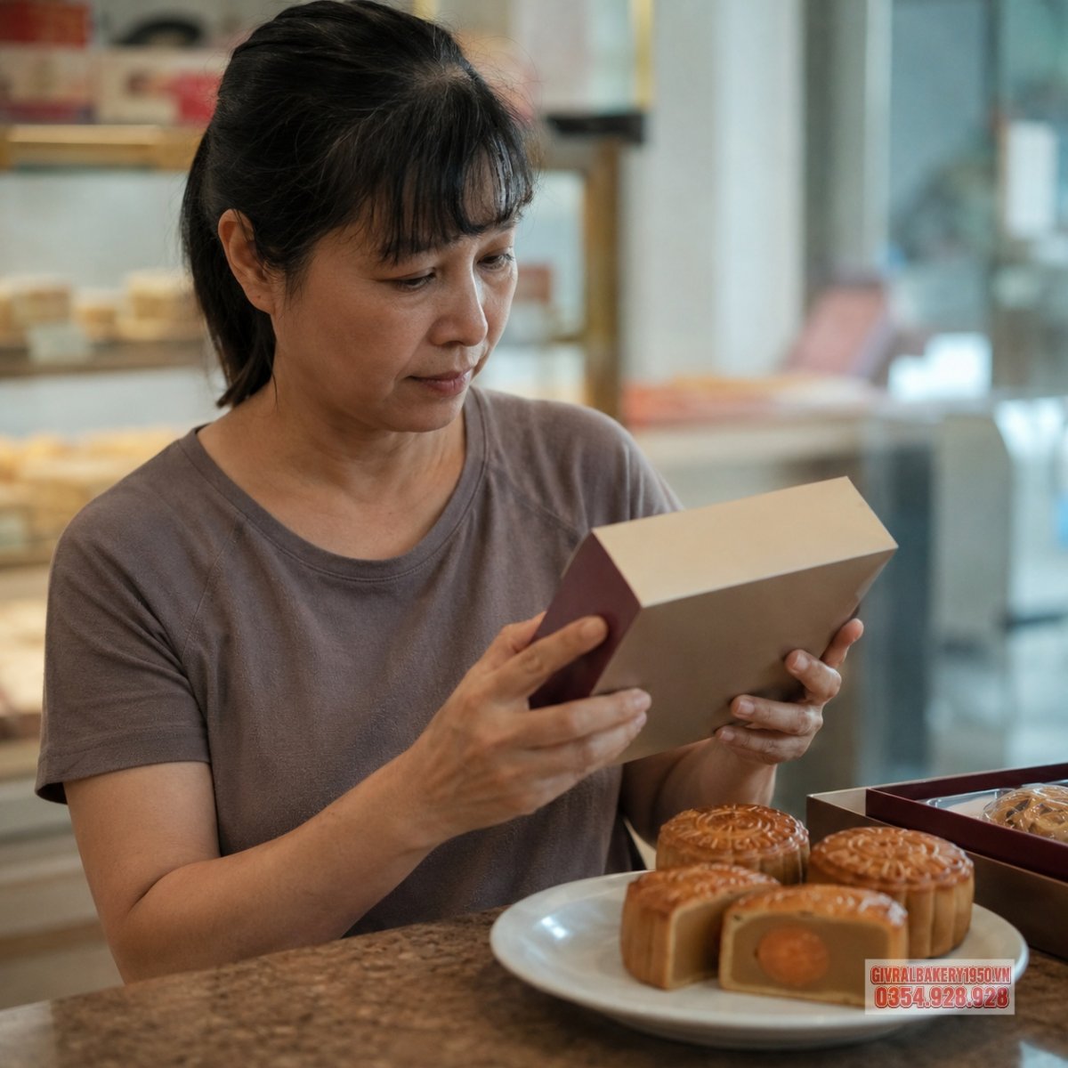 Cận cảnh một người đang kiểm tra bao bì bánh trung thu trước khi mua, tay chỉ vào phần ngày sản xuất và hạn sử dụng trên nhãn, bối cảnh quầy bánh trung thu sạch sẽ, chuyên nghiệp.