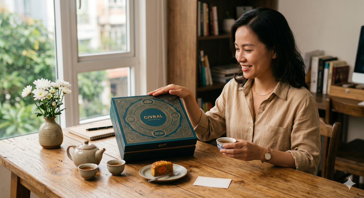Hộp bánh trung thu Givral 2026 thiết kế sang trọng, đặt trên bàn gỗ, ánh sáng ấm, phù hợp làm quà tặng doanh nghiệp