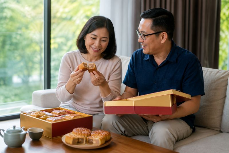  người dùng cầm hộp bánh trung thu givral mở hộp sang trọng