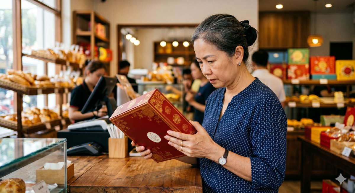 Người mua đang kiểm tra hộp bánh trung thu, hạn sử dụng và tem nhãn trước khi thanh toán, phong cách thực tế, gần gũi, phù hợp bài tư vấn mua hàng