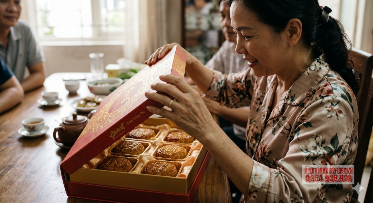 Ảnh chụp cận cảnh một hộp bánh trung thu sang trọng đang được mở nhẹ, bên trong có nhiều bánh được sắp gọn gàng, ánh sáng mềm, nền phòng ăn gia đình mờ nhẹ, không chữ, không logo giả