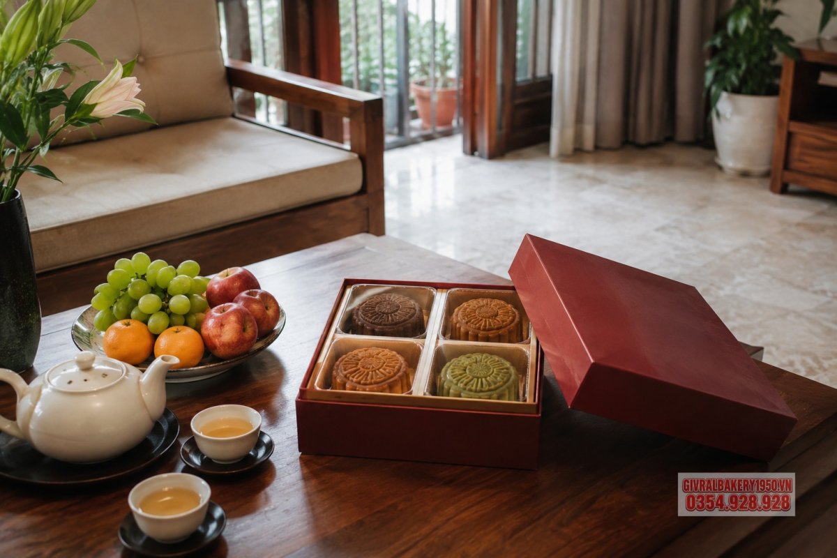 Ảnh chụp thật hộp bánh trung thu Givral đặt trên bàn gỗ trong phòng khách gia đình Việt, ánh sáng tự nhiên buổi sáng, có tách trà và đĩa trái cây bên cạnh, bố cục ấm cúng, không có chữ trong ảnh