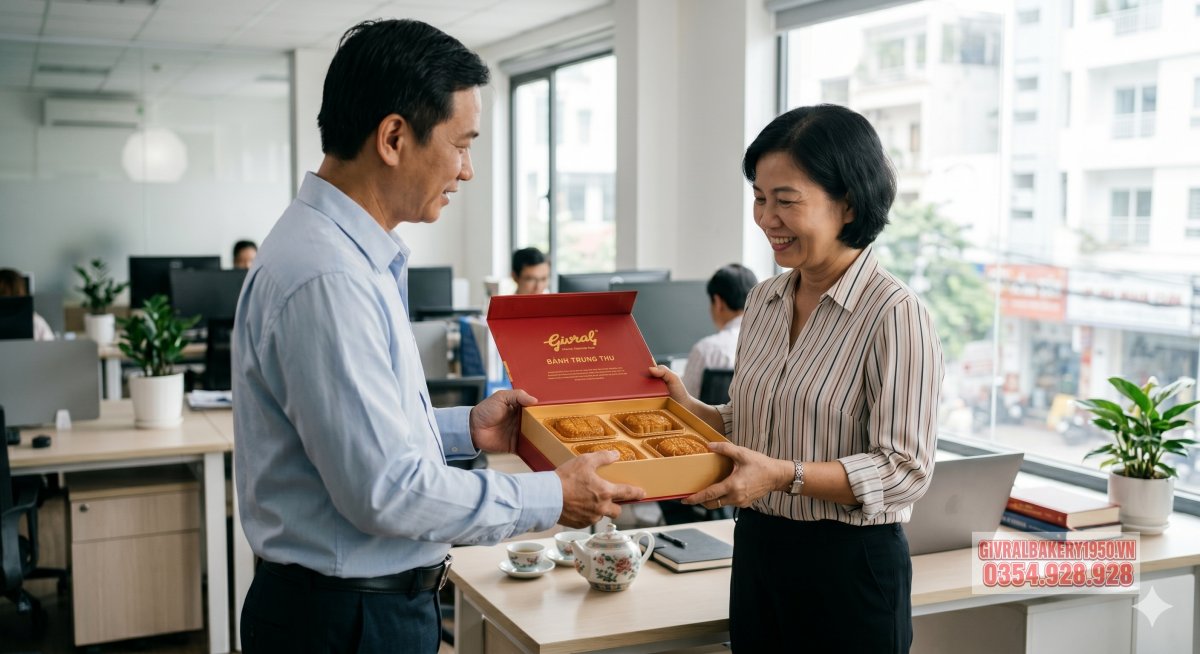 Ảnh chụp thật nhân viên văn phòng trung niên nhận hộp quà bánh trung thu trong không gian công ty sáng tự nhiên, nụ cười tự nhiên, bàn làm việc gọn gàng, hậu cảnh mờ nhẹ, không chữ trong ảnh