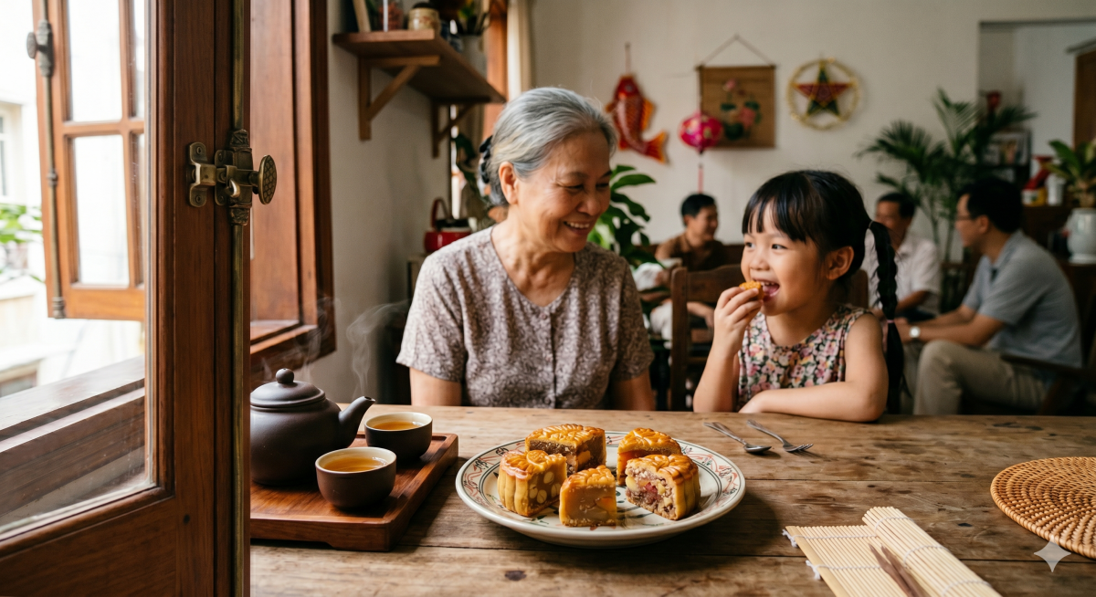 Đĩa bánh trung thu truyền thống đặt cạnh ấm trà, ánh sáng tự nhiên, bối cảnh gia đình Việt ấm cúng