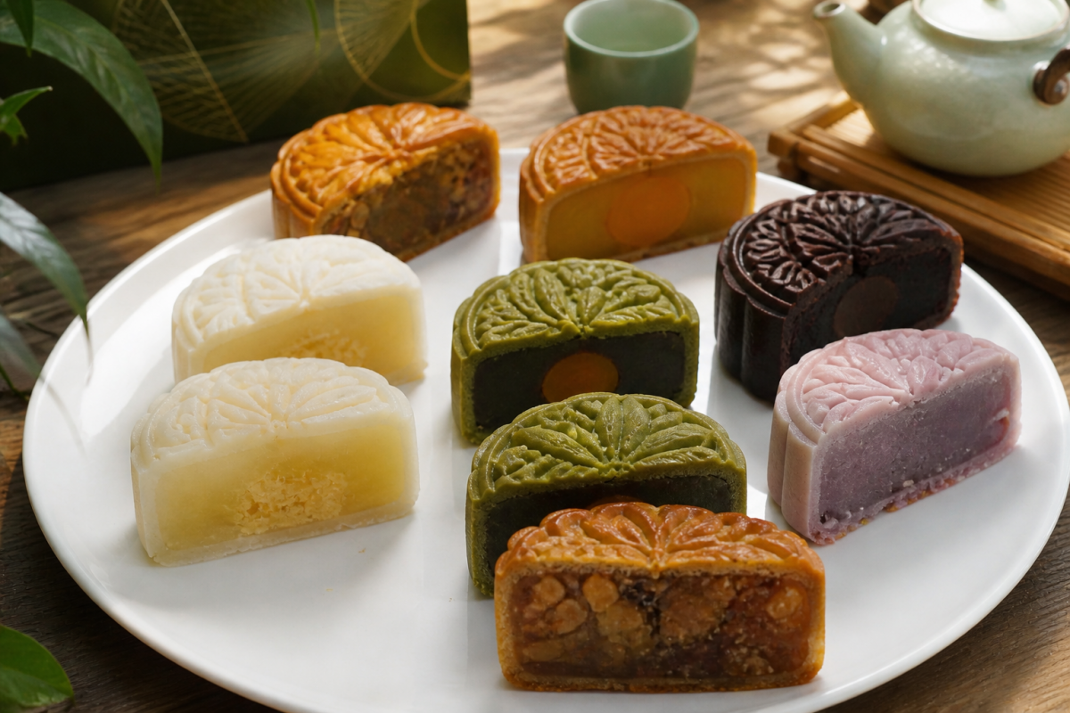 Nhiều loại bánh trung thu được cắt đôi, gồm bánh nướng, bánh dẻo và bánh nhân hiện đại, bày trên đĩa trắng