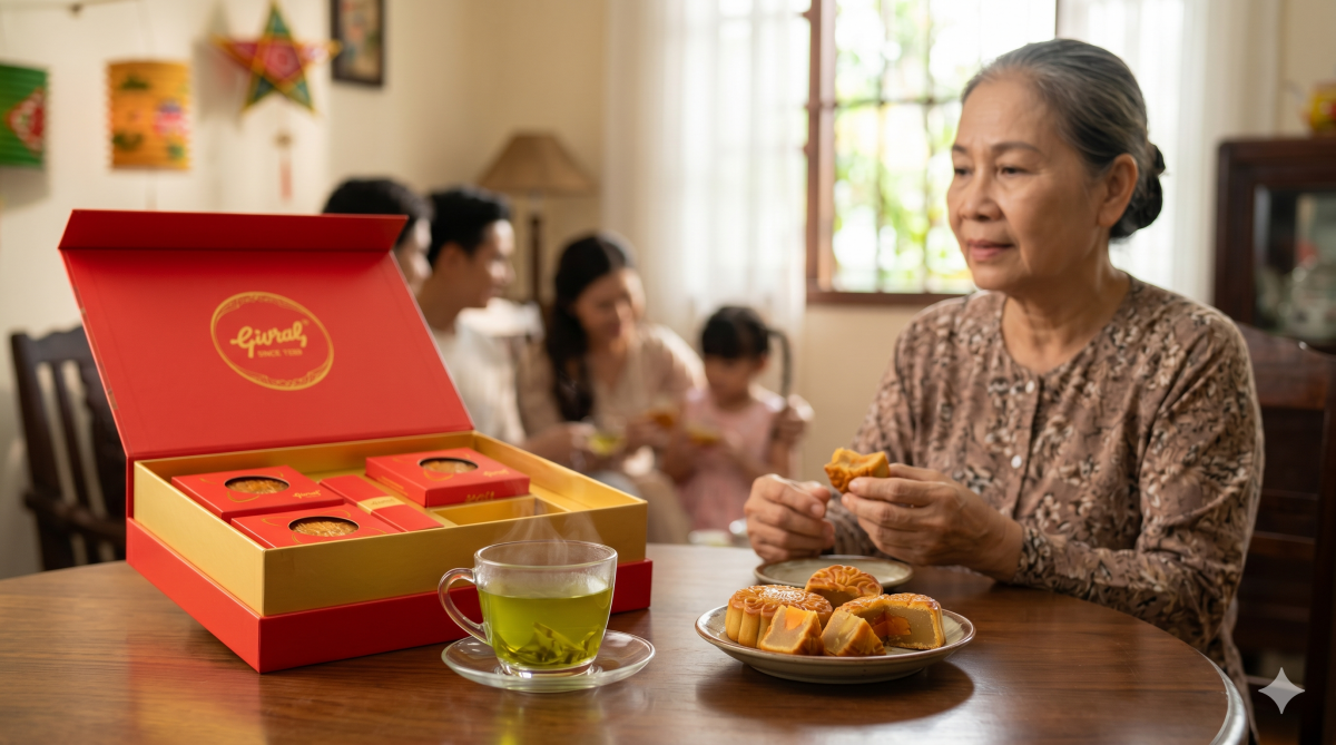  Hộp bánh trung thu Givral đặt trên bàn trà, bên cạnh ly trà nóng và vài chiếc bánh được cắt gọn, ánh sáng mềm tự nhiên