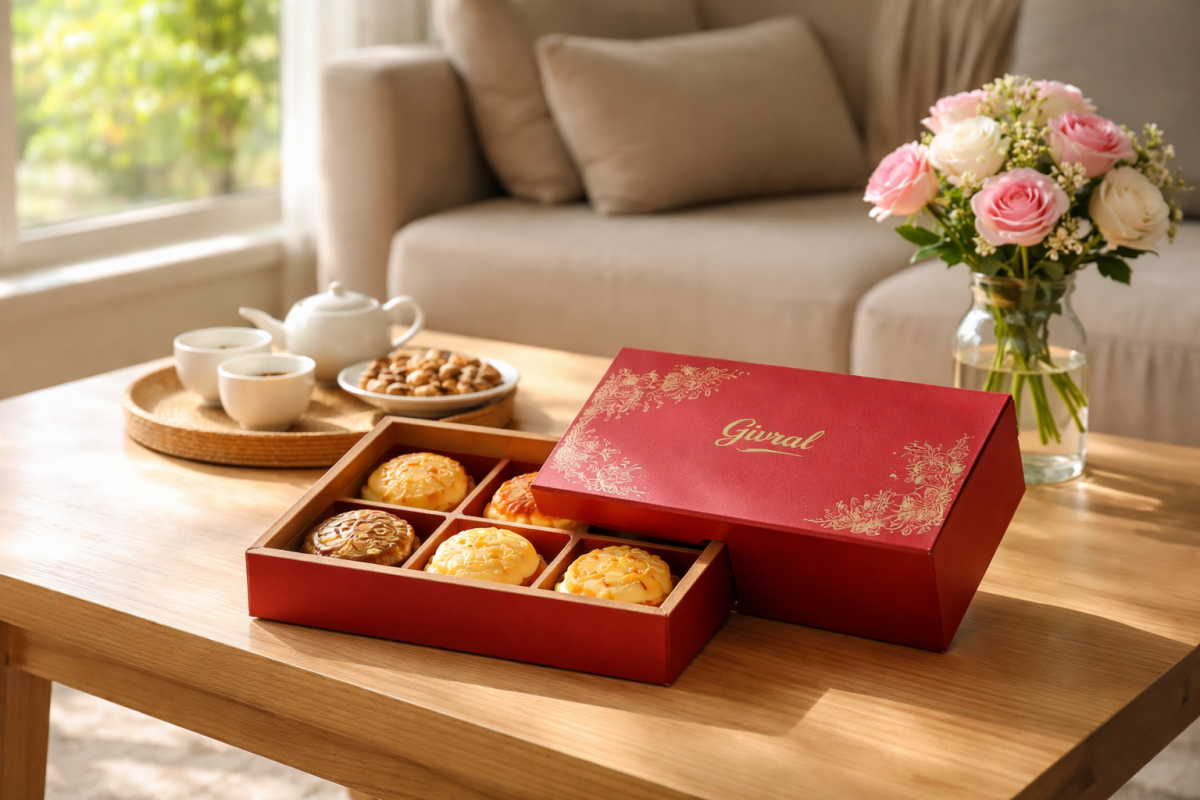hộp bánh trung thu Givral được đặt trên bàn gỗ trong phòng khách gia đình, ánh sáng tự nhiên chiếu từ cửa sổ