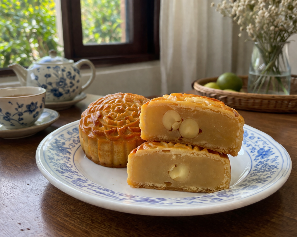 bánh trung thu Givral cắt đôi trên đĩa sứ, thấy rõ lớp nhân hạt sen và vỏ bánh mềm dưới ánh sáng tự nhiên