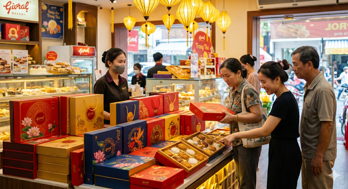 cửa hàng bánh Givral với quầy trưng bày bánh trung thu nhiều màu sắc, ánh sáng vàng ấm áp