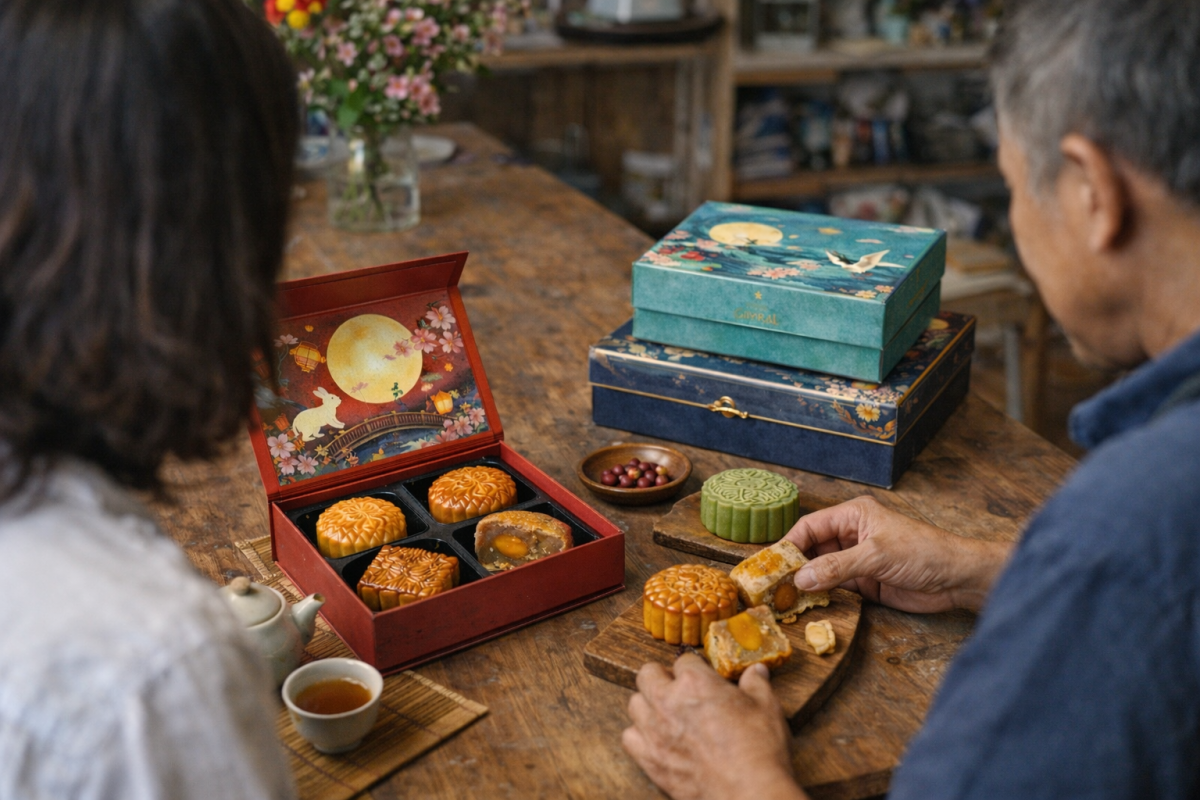 gia đình trung niên cùng thưởng thức bánh trung thu và trà trong phòng khách ấm cúng, ánh sáng tự nhiên