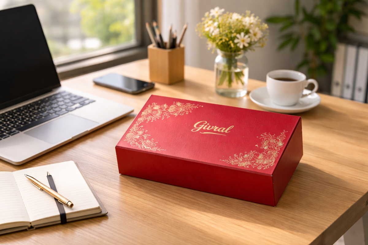 hộp bánh trung thu Givral sang trọng đặt trên bàn làm việc văn phòng, ánh sáng ban ngày dịu nhẹ