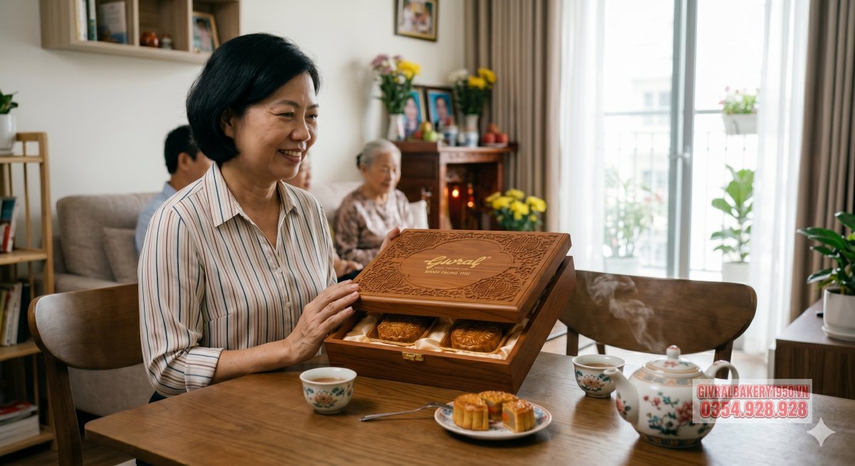 Ảnh chụp một hộp bánh trung thu Givral cao cấp bằng gỗ được chạm khắc tinh xảo đặt trên bàn gỗ, bên cạnh là tách trà ấm khói nghi ngút, thể hiện sự sang trọng của món quà biếu