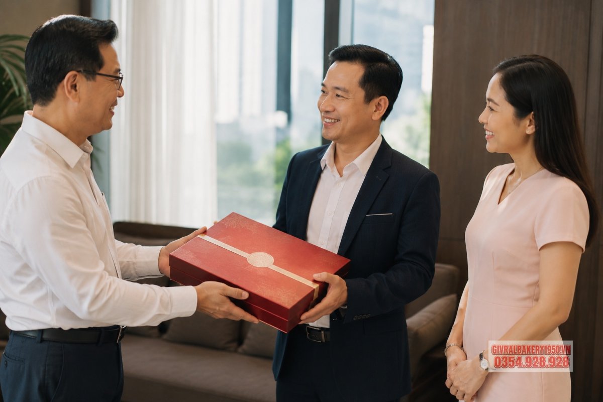 Người quản lý văn phòng trung niên đang mỉm cười nhận sấp catalogue và bảng báo giá bánh trung thu Givral từ nhân viên tư vấn, bối cảnh văn phòng hiện đại, ngập tràn ánh sáng