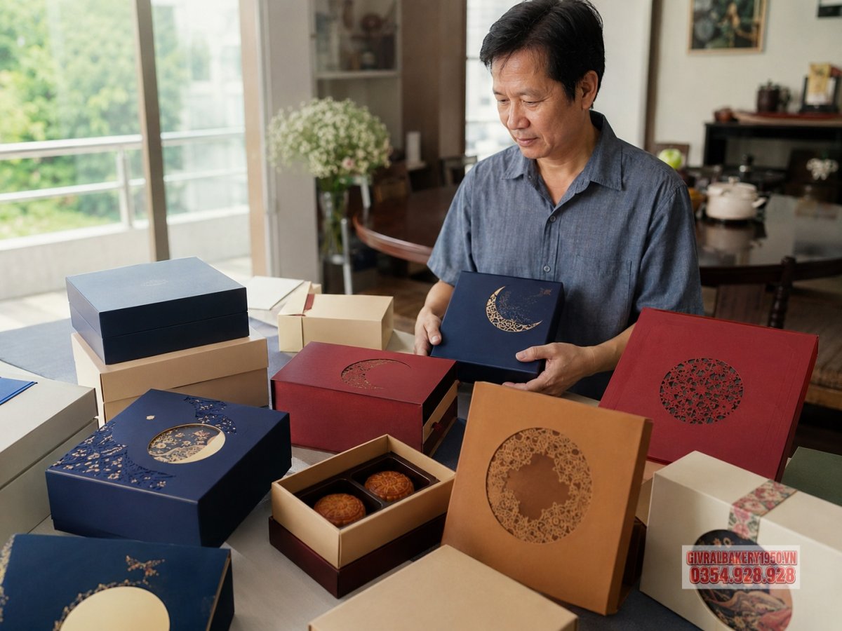 Ảnh chụp thật nhiều mẫu hộp bánh trung thu Givral được bày trên bàn, có người trung niên đang xem và so sánh mẫu hộp, ánh sáng tự nhiên mềm, bố cục rõ ràng, không có chữ trong ảnh