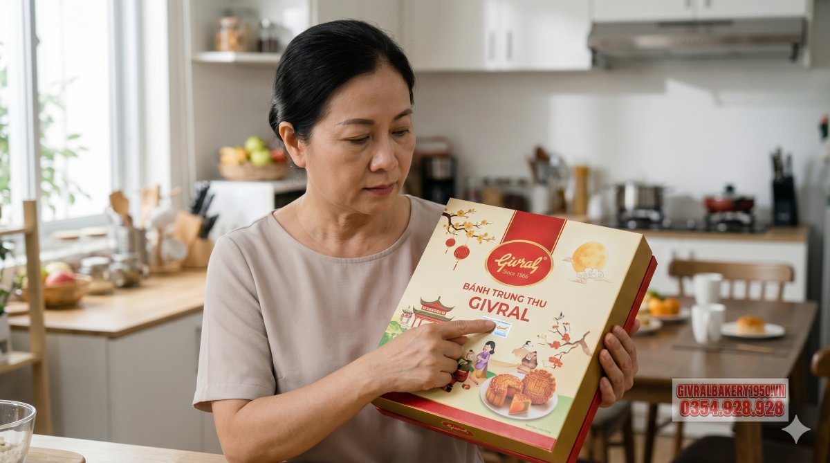 Hộp bánh trung thu Givral đặt tại quầy trưng bày cửa hàng sáng đẹp, phong cách thực tế, ánh sáng tự nhiên