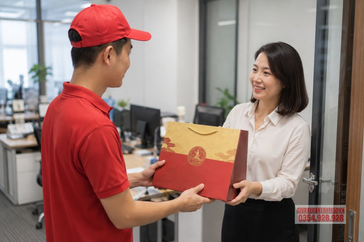 Cận cảnh hộp bánh trung thu Givral với tem sản phẩm, ngày sản xuất và hạn sử dụng rõ nét dưới ánh sáng tự nhiên