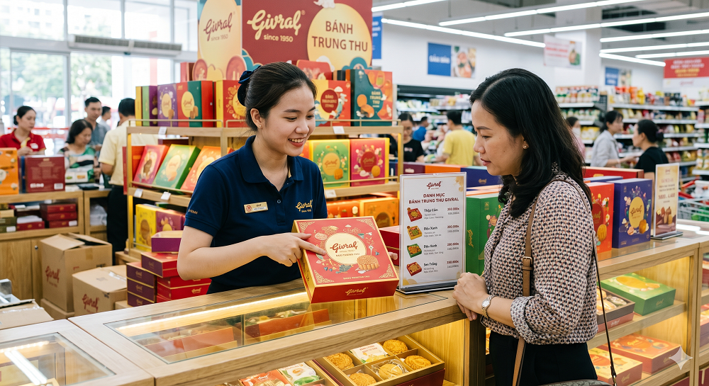 Nhân viên tư vấn đang giới thiệu hộp bánh trung thu tại quầy, khách hàng đang xem và trao đổi, ánh sáng tự nhiên trong cửa hàng
