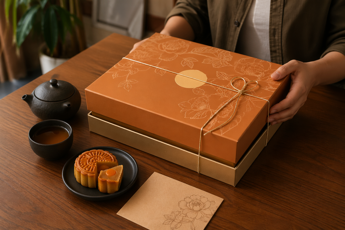 Cận cảnh hộp bánh trung thu đặt trên bàn gỗ, bên cạnh trà nóng và thiệp, ánh sáng ấm áp