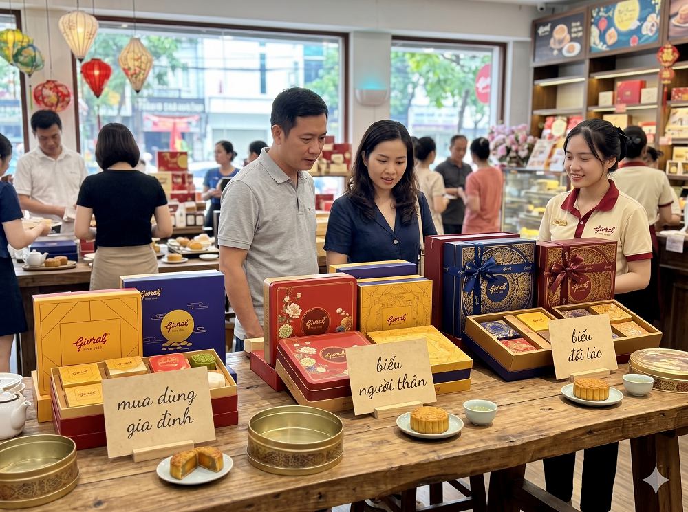 Nhiều hộp bánh trung thu được trưng bày trên bàn gỗ, phân loại theo quà biếu và sử dụng gia đình, ánh sáng tự nhiên