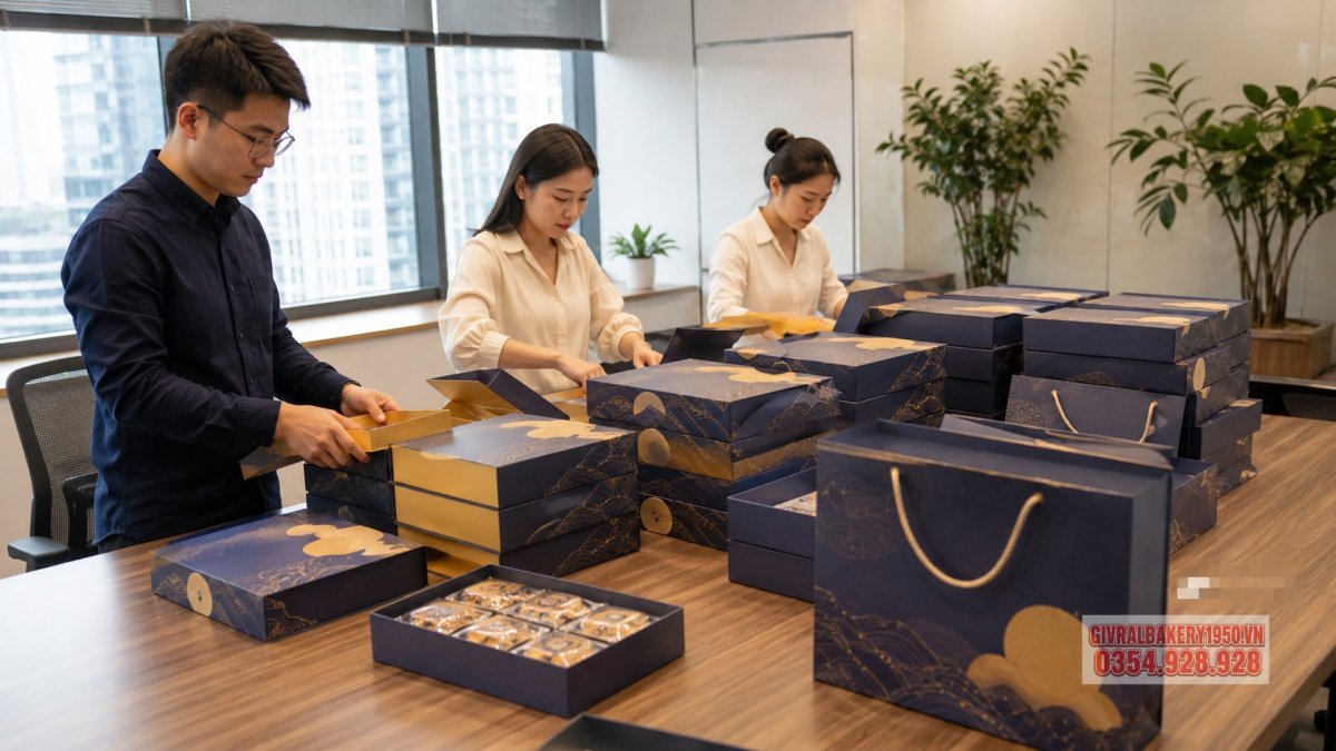Nhân viên văn phòng chuẩn bị nhiều hộp bánh trung thu Givral để làm quà tặng công ty, hộp xếp gọn trên bàn, không khí chuyên nghiệp và ấm áp