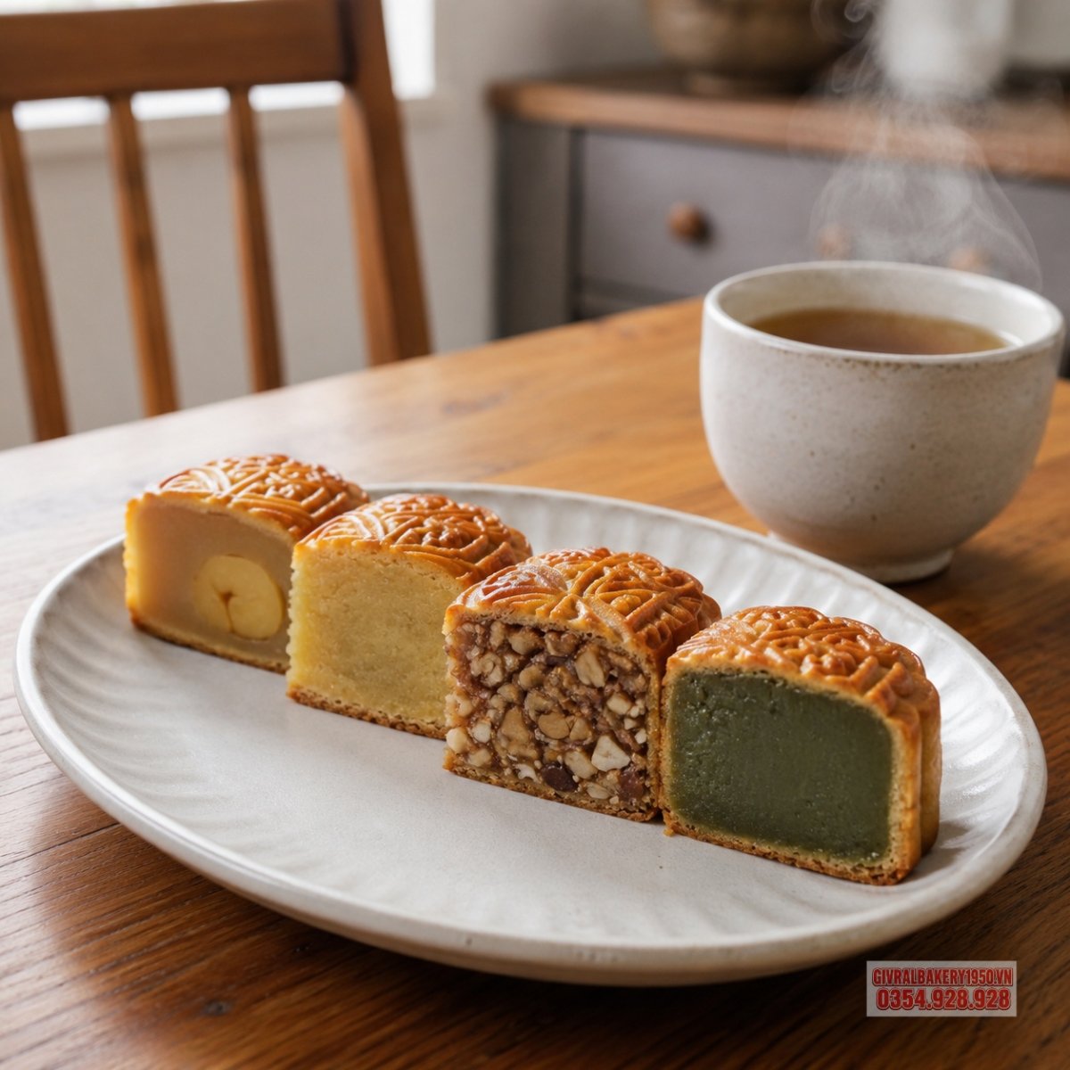 Cận cảnh các miếng bánh trung thu Givral được cắt ra trên đĩa sứ trắng, bên cạnh có tách trà nóng, thể hiện rõ phần nhân hạt sen, đậu xanh, thập cẩm và trà xanh