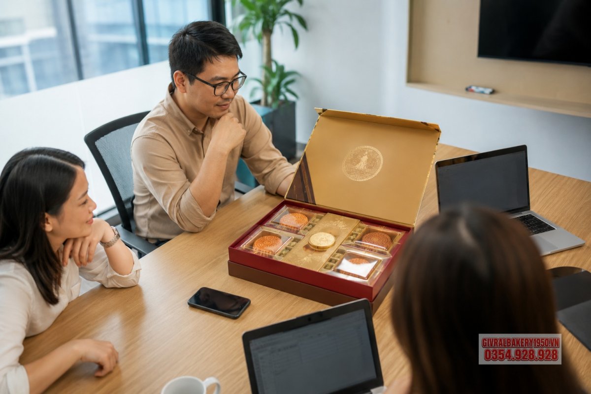 Hộp bánh trung thu Givral cao cấp đặt trên bàn họp công ty, ánh sáng tự nhiên, phong cách sang trọng và thực tế