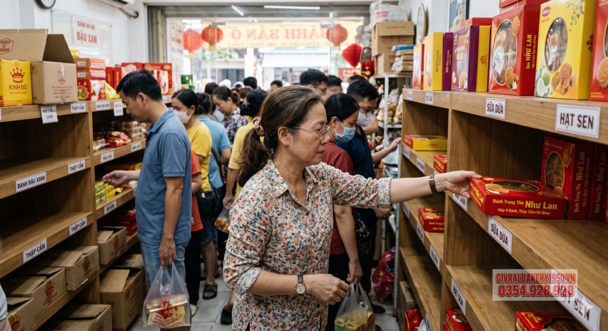 Khách hàng đang chọn bánh trung thu tại cửa hàng đông người, nhiều kệ bánh đã gần hết, không khí cận Trung Thu thực tế