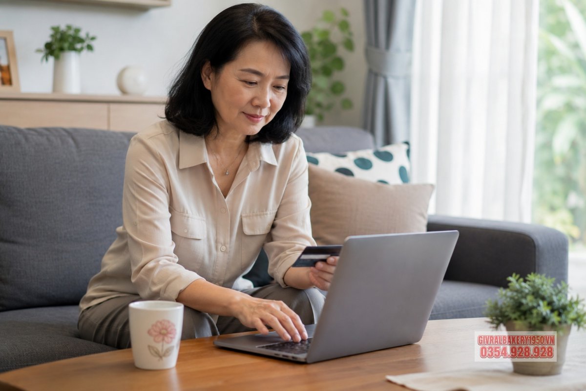 Người phụ nữ trung niên đang đặt bánh trung thu online bằng laptop tại phòng khách gia đình, ánh sáng tự nhiên dịu nhẹ
