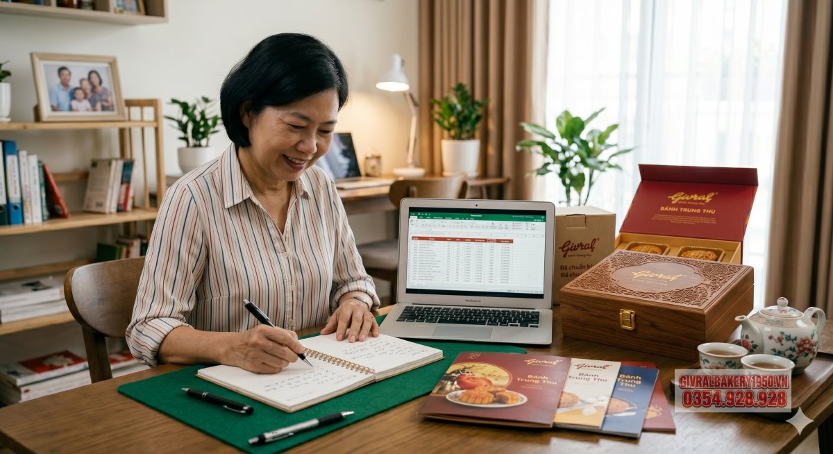  Một bàn làm việc với sổ ghi chú, catalogue bánh trung thu, máy tính và hộp quà mẫu đặt ngay ngắn, thể hiện bước chuẩn bị trước mùa lễ