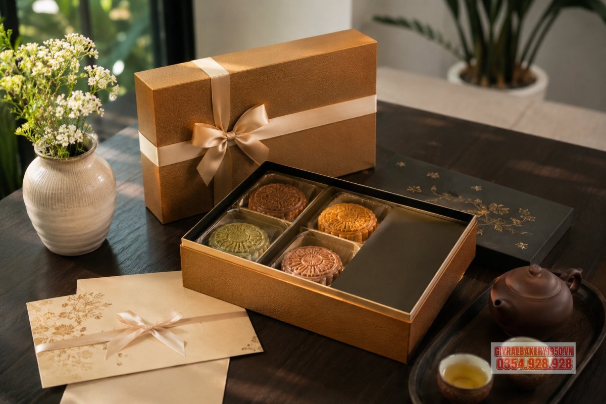 Một nhân viên đang đánh dấu lịch trên bàn làm việc, bên cạnh là catalog bánh trung thu và điện thoại đặt hàng, gợi ý chuẩn bị sớm