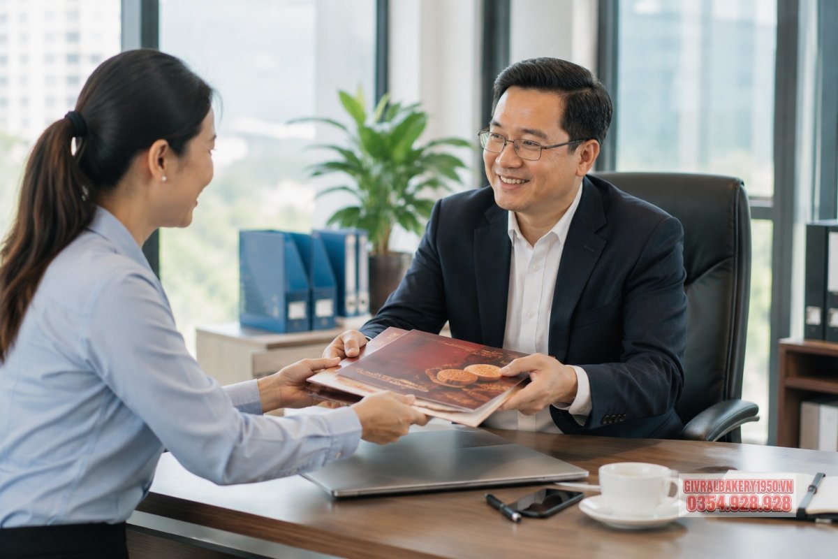 Một bộ hộp bánh trung thu sang trọng đặt cạnh thiệp chúc mừng và nơ ruy băng, thể hiện quà tặng tinh tế cho đối tác và gia đình