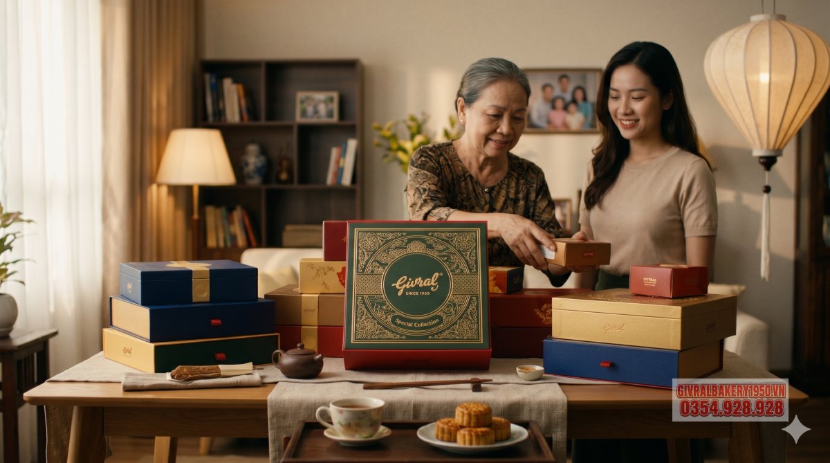 Ảnh chụp bàn trưng bày nhiều hộp bánh trung thu cao cấp, có hộp Givral đặt nổi bật ở trung tâm, ánh sáng ấm, bối cảnh sang trọng nhưng gần gũi, phù hợp bài viết về thị trường bánh trung thu
