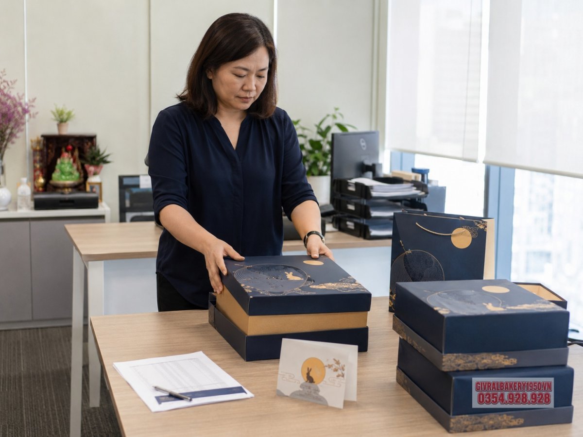 Ảnh nhân viên văn phòng đang sắp xếp các hộp bánh trung thu Givral để chuẩn bị tặng khách hàng, có danh sách đơn hàng và thiệp chúc mừng trên bàn, phong cách doanh nghiệp chuyên nghiệp