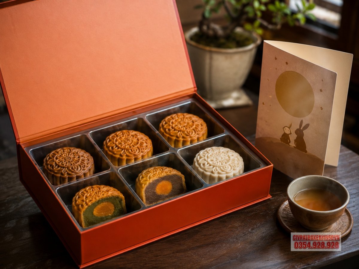 Ảnh cận cảnh một hộp bánh trung thu Givral mở nắp, bên trong có nhiều vị bánh khác nhau, đặt cạnh tách trà nóng và thiệp chúc Tết Trung thu, ánh sáng ấm áp
