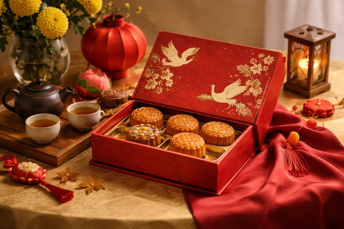 Hộp bánh Trung Thu Givral 2026 sang trọng đặt trên nền đỏ vàng, ánh sáng ấm, xung quanh có trà và phụ kiện trang trí Trung Thu
