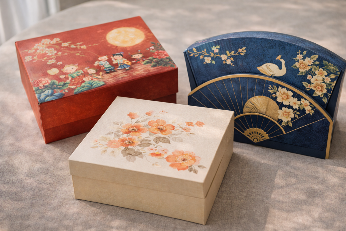 Các mẫu hộp bánh Trung Thu Givral 2026 xếp theo 3 phong cách: truyền thống, tối giản, cao cấp; chụp cận để thấy chất liệu và màu sắc