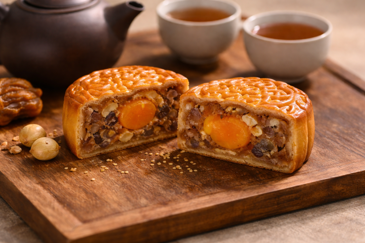 Cận cảnh bánh Trung Thu Givral cắt đôi, thể hiện nhân bánh đầy đặn, lớp vỏ đẹp và phần trà đi kèm trên bàn gỗ