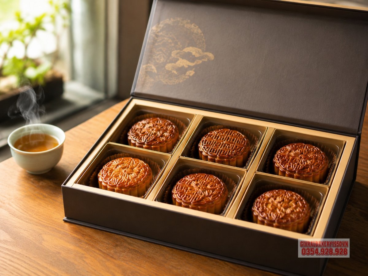 Ảnh chụp cận cảnh một hộp bánh trung thu cao cấp đang được mở trên bàn gỗ, bên trong có nhiều bánh được sắp xếp gọn gàng, cạnh bên có tách trà nóng và ánh sáng ấm tự nhiên, phong cách ảnh đời sống chân thực, không có chữ trong ảnh