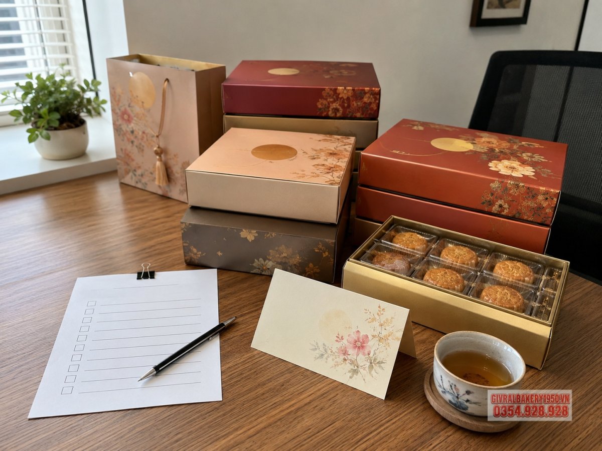 Ảnh chụp bàn làm việc có nhiều hộp bánh trung thu cao cấp được phân nhóm theo danh sách quà tặng, cạnh đó có bút, thiệp chúc mừng và tách trà, ánh sáng mềm, bố cục rõ ràng, không có chữ đọc được