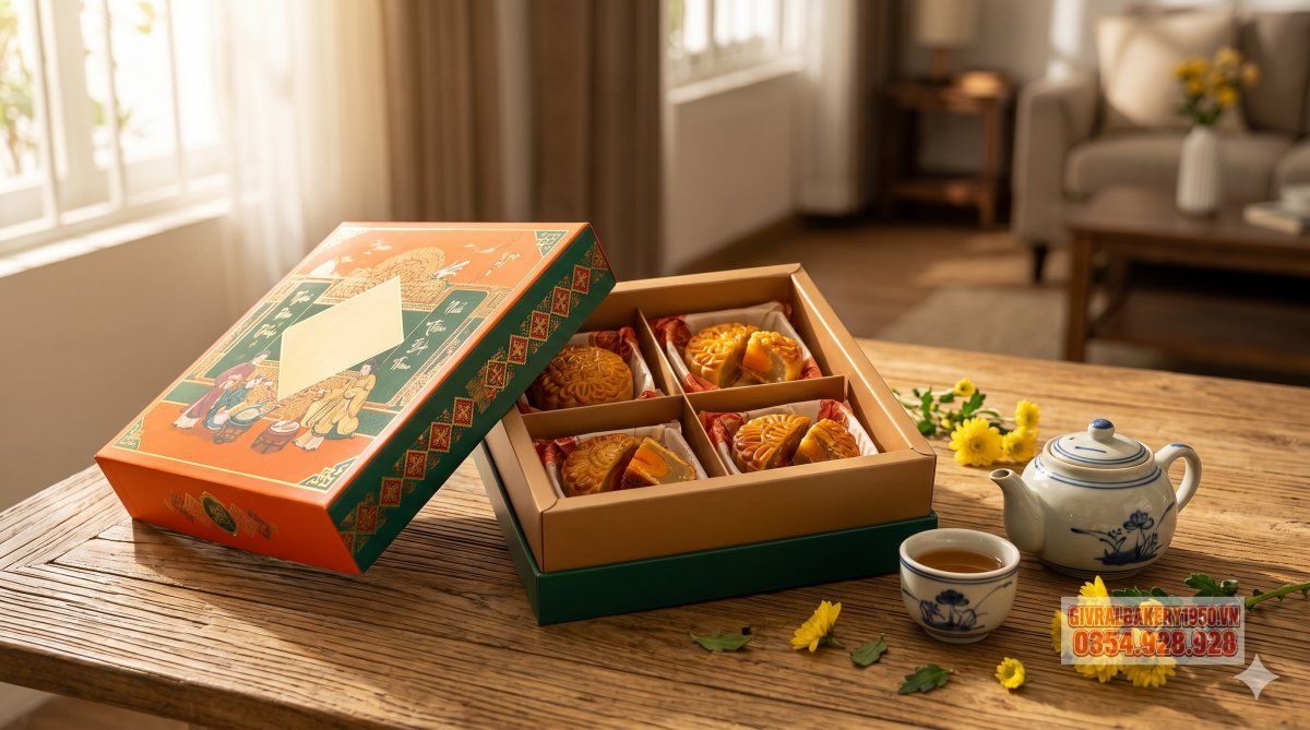  Ảnh chụp thật một hộp bánh trung thu Givral 4 bánh đặt trên bàn gỗ, ánh sáng tự nhiên ấm, bố cục sang trọng nhưng gần gũi, có thêm tách trà và vài nhánh hoa nhỏ, không có chữ trong ảnh