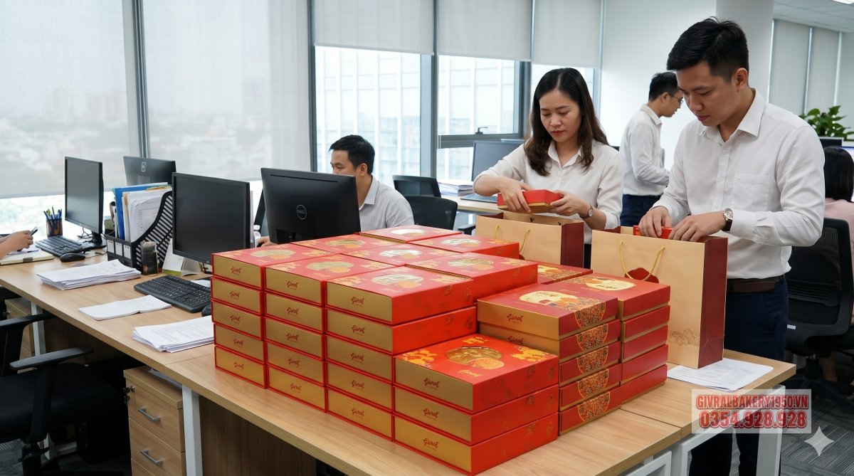  Ảnh chụp thật nhiều hộp bánh trung thu Givral được xếp ngay ngắn trên bàn làm việc công ty, có không khí chuẩn bị quà tặng doanh nghiệp, ánh sáng tự nhiên, bố cục gọn gàng, không có chữ trong ảnh