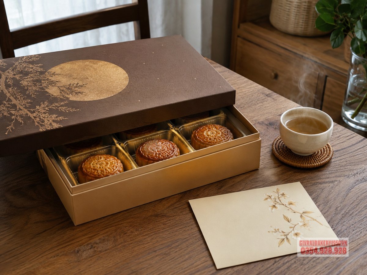 Ảnh chụp bàn gỗ có hộp bánh trung thu cao cấp được mở nhẹ, bên cạnh là tách trà nóng và thiệp chúc mừng không có chữ rõ, ánh sáng tự nhiên ấm áp, bố cục đời sống chân thực