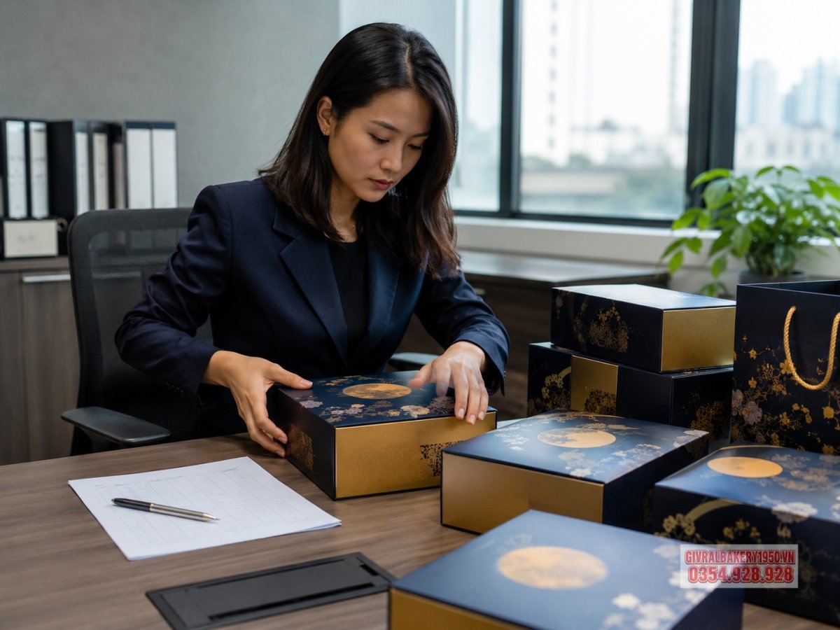 Ảnh nhân viên văn phòng đang sắp xếp nhiều hộp bánh trung thu cao cấp trên bàn làm việc, có danh sách đơn hàng và bút bên cạnh, phong cách doanh nghiệp chuyên nghiệp, không có chữ đọc được