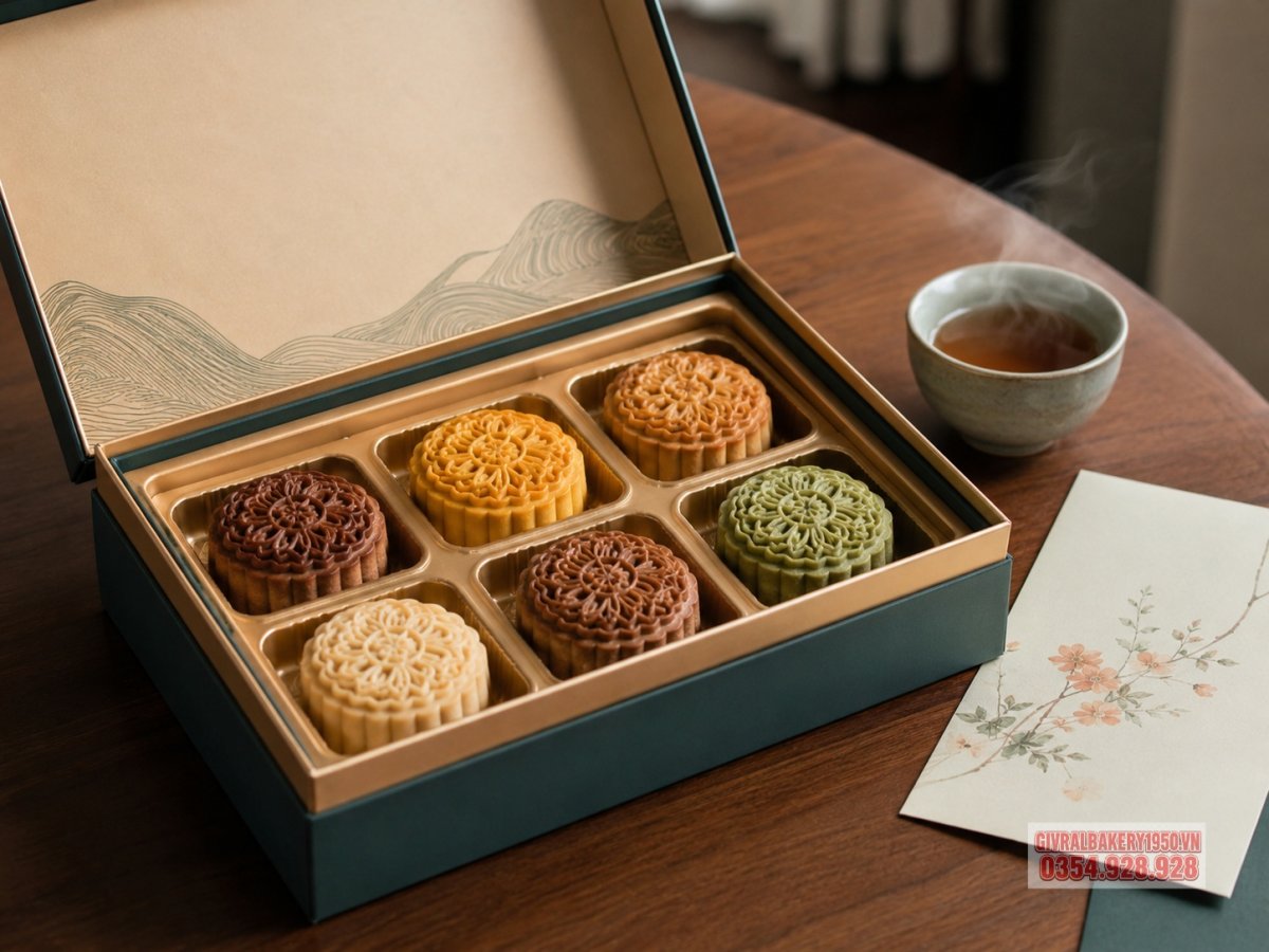 Ảnh cận cảnh một hộp bánh trung thu cao cấp mở nắp trên bàn, bên trong có nhiều vị bánh khác nhau, cạnh bên là tách trà nóng và thiệp chúc mừng không có chữ, ánh sáng mềm tự nhiên